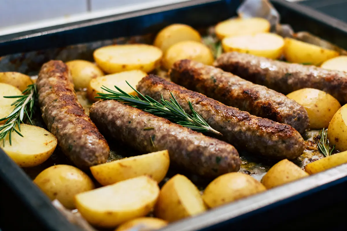 Figatelli grillés avec pommes de terre et herbes, une délicieuse recette de figatelli.