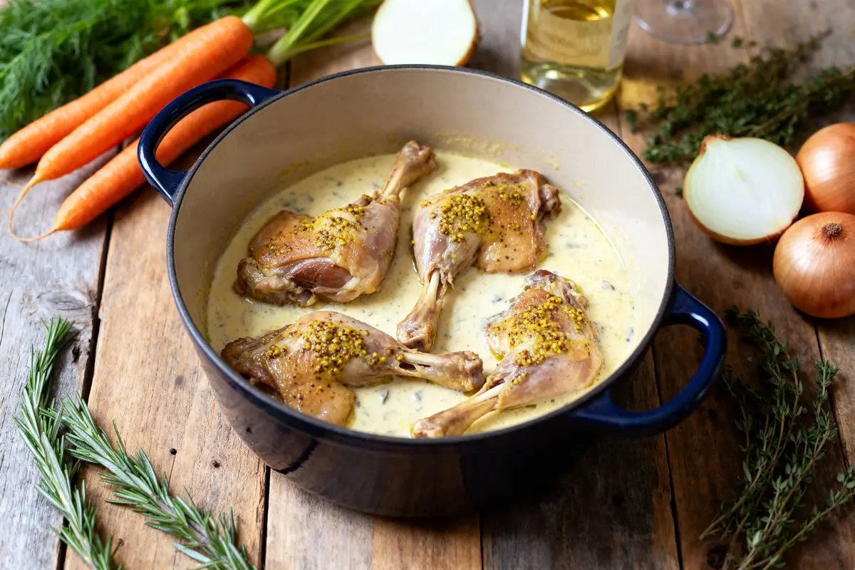 Recette lapin cocotte façon grand-mère : Mijoté, moutarde &amp; vin