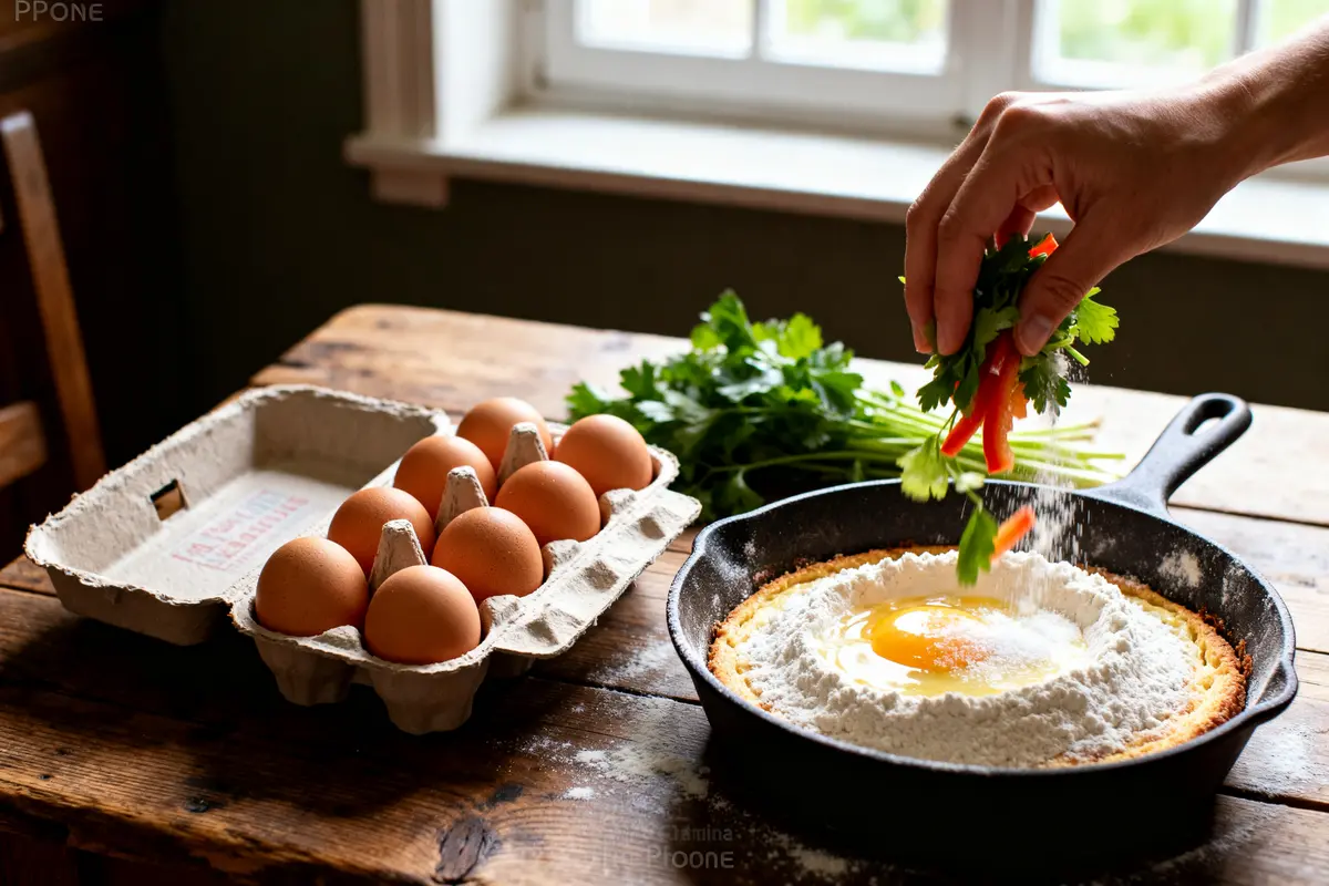 Plat avec œuf entouré de farine, persil, parfait pour une recette utilisant des œufs entiers