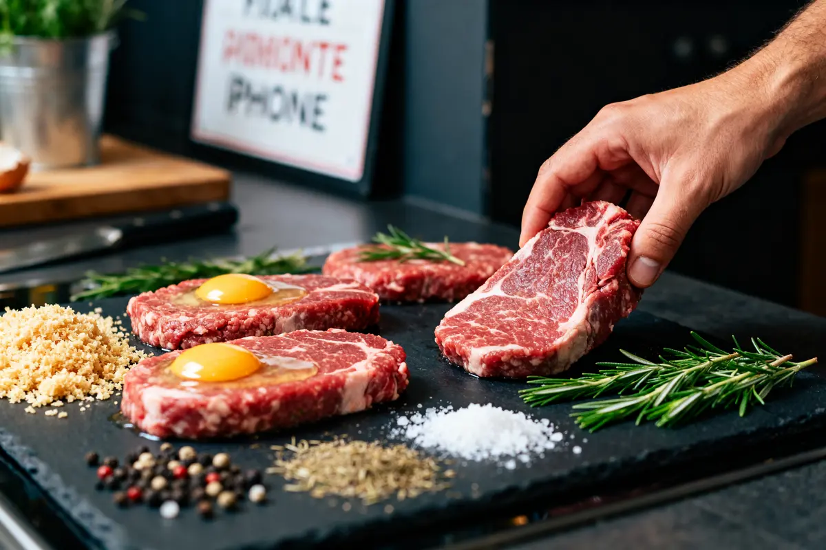 Préparation de steaks hachés maison avec œufs et épices sur planche de cuisine