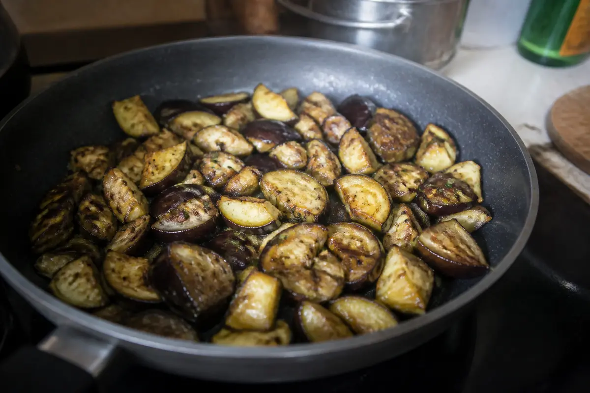 Tranches dorées d'aubergines rissolées dans une poêlée d'aubergines savoureuse et appétissante
